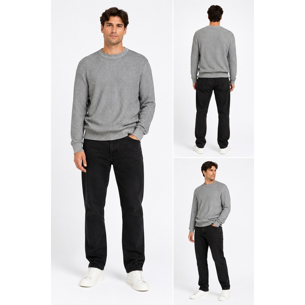 Perry Ellis Mens Large Grey Ribbed Crewneck‎ Sweater Cotton Rayon Knit Pullover